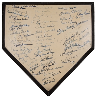 Baseball Hall of Famers Multi-Signed Home Plate With 57 Signatures Including DiMaggio, Williams & Mays (JSA)